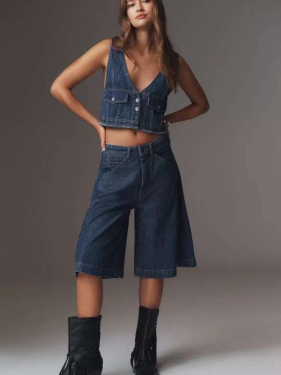 Anthropologie Tops - Anthropologie Pilcro Coastal Cutoff V-Neck Denim Top, Denim Dark, Size XXS